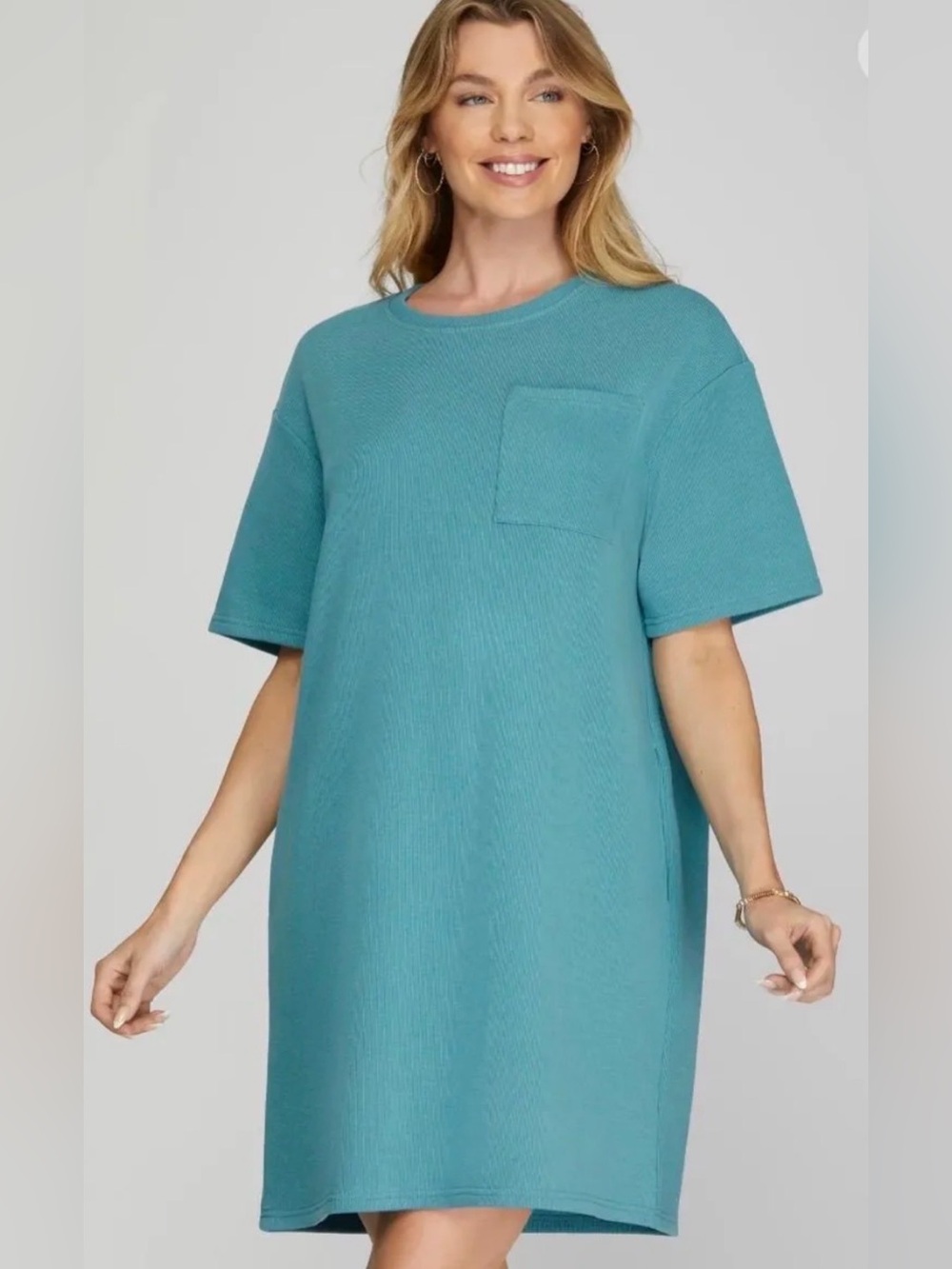 Teal Short Sleeve Dress with front and side Pockets